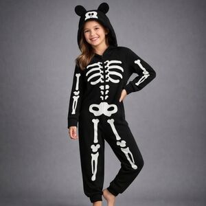 Disney Mickey Mouse Skeleton Halloween Zip Up Jumpsuit Glow In Dark Youth Size 9